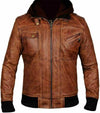 Brown Motorcycle Hoody Biker Bomber Mens Vintage Cafe Racer Lamb Leather Jacket