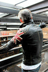 DISTRESSED BROWN QUILTED UK FLAG BIKER MENS MOTORCYCLE LAMBSKIN LEATHER JACKET