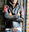 DISTRESSED BROWN QUILTED UK FLAG BIKER MENS MOTORCYCLE LAMBSKIN LEATHER JACKET
