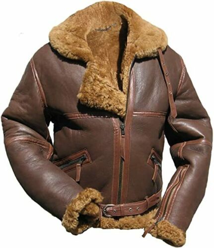 B3 RAF Bomber Brown Aviator Flying Fur Real Shearling Leather Jacket Coat