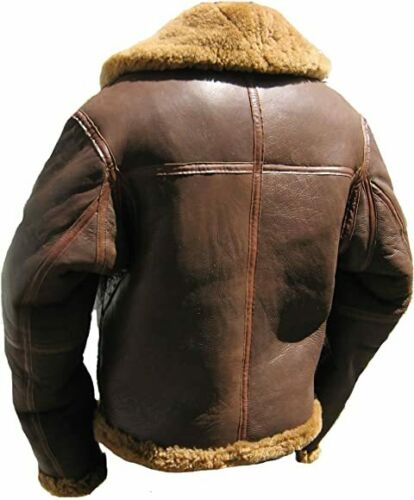 B3 RAF Bomber Brown Aviator Flying Fur Real Shearling Leather Jacket Coat