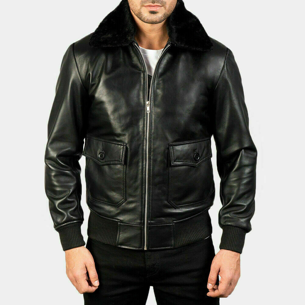 G-1 AVIATOR A-2 BOMBER NAVY FLIGHT BLACK DISTRESSED LAMBSKIN LEATHER JACKET