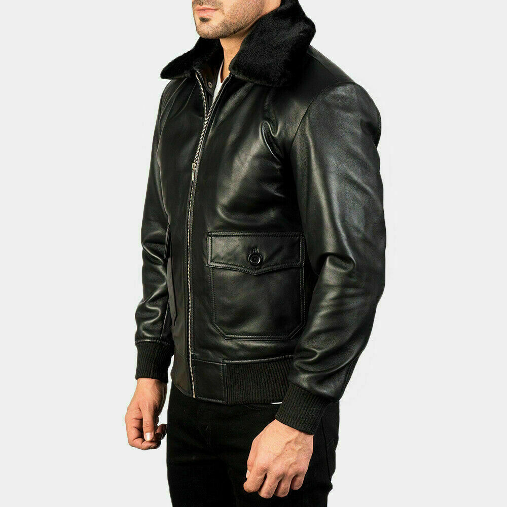 G-1 AVIATOR A-2 BOMBER NAVY FLIGHT BLACK DISTRESSED LAMBSKIN LEATHER JACKET