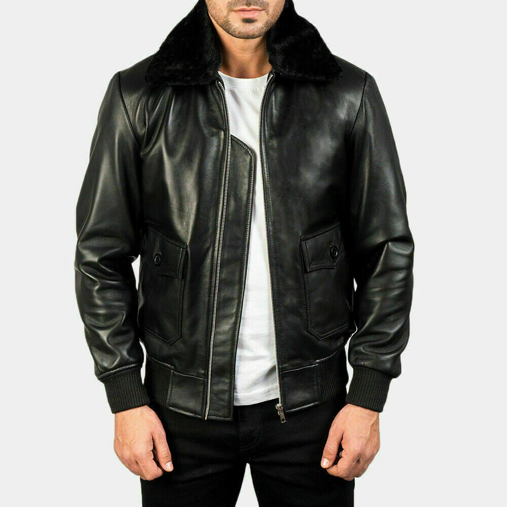 G-1 AVIATOR A-2 BOMBER NAVY FLIGHT BLACK DISTRESSED LAMBSKIN LEATHER JACKET