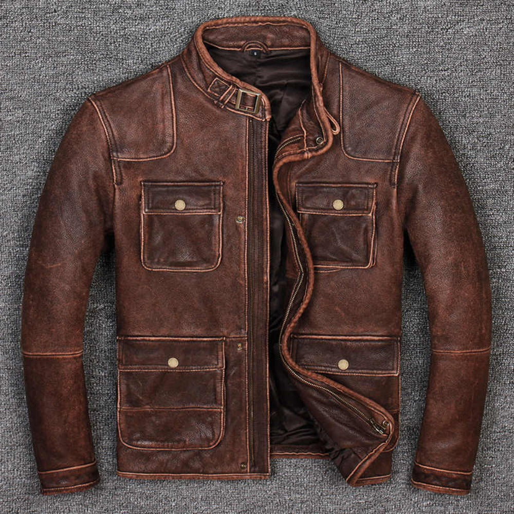 Distressed Brown Vintage Biker Motorcycle Genuine Leather Jacket