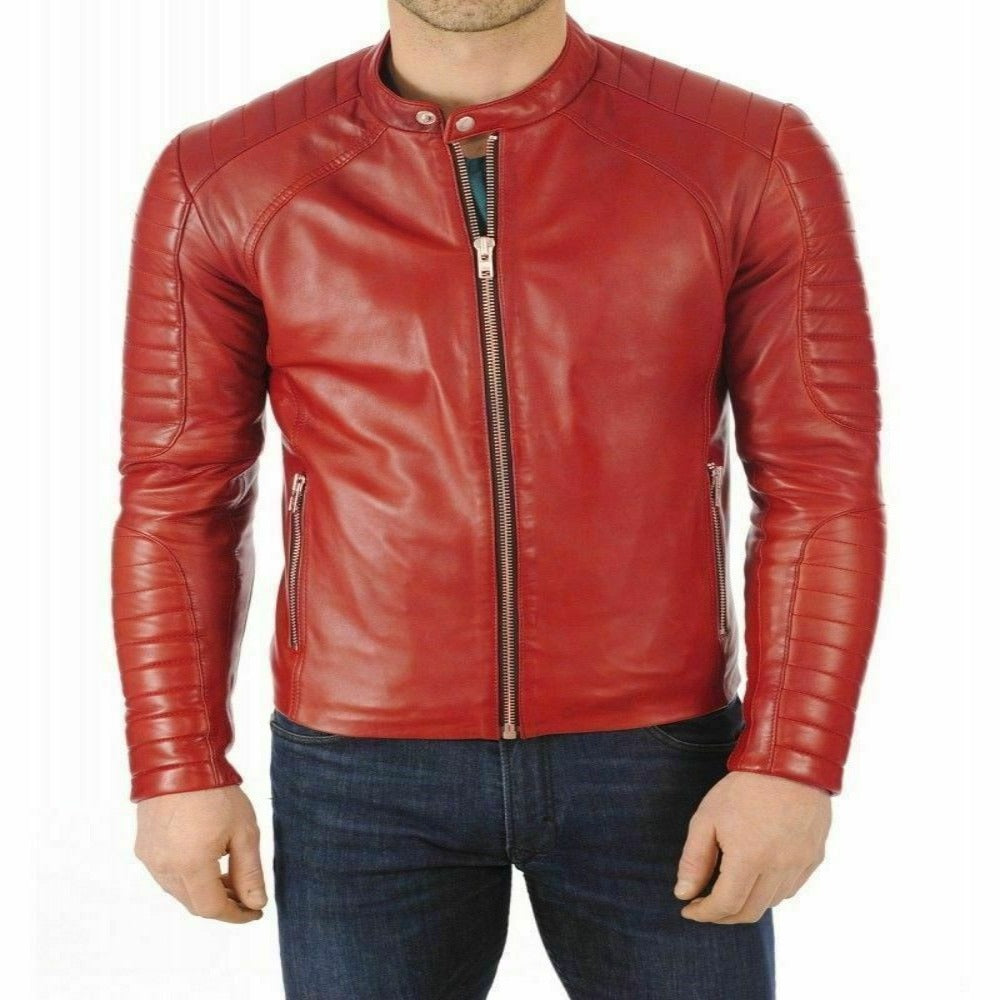 Genuine Lambskin Leather Jacket Biker Motorcycle Bomber Slim fit Mens Coat