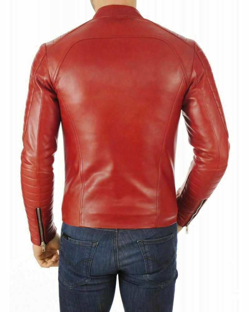 Genuine Lambskin Leather Jacket Biker Motorcycle Bomber Slim fit Mens Coat