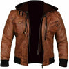 Brown Motorcycle Hoody Biker Bomber Mens Vintage Cafe Racer Lamb Leather Jacket