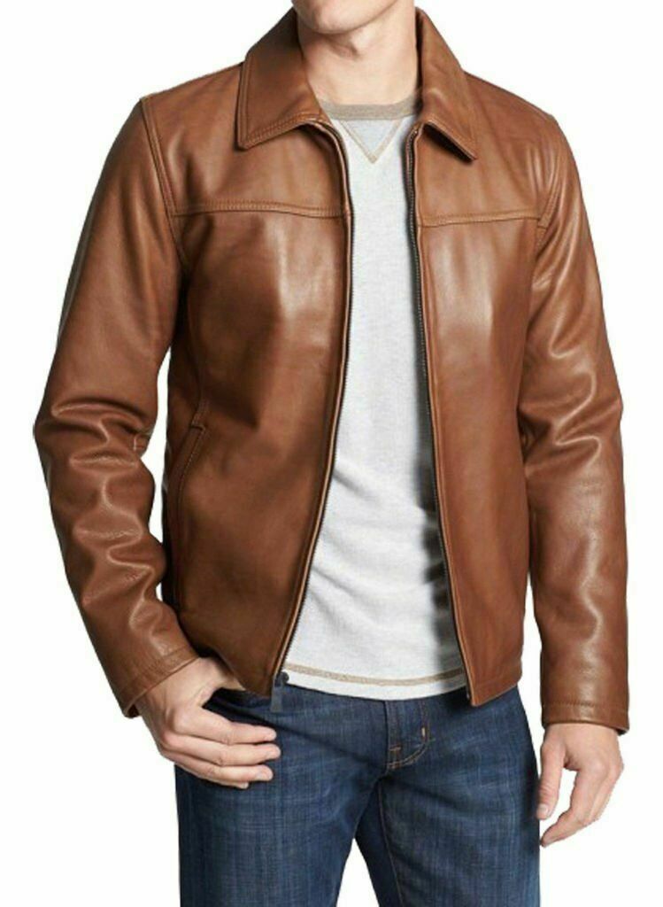 Tan Brown Bomber Cafe Racer Motorcycle Biker Men's Vintage Real Leather Jacket