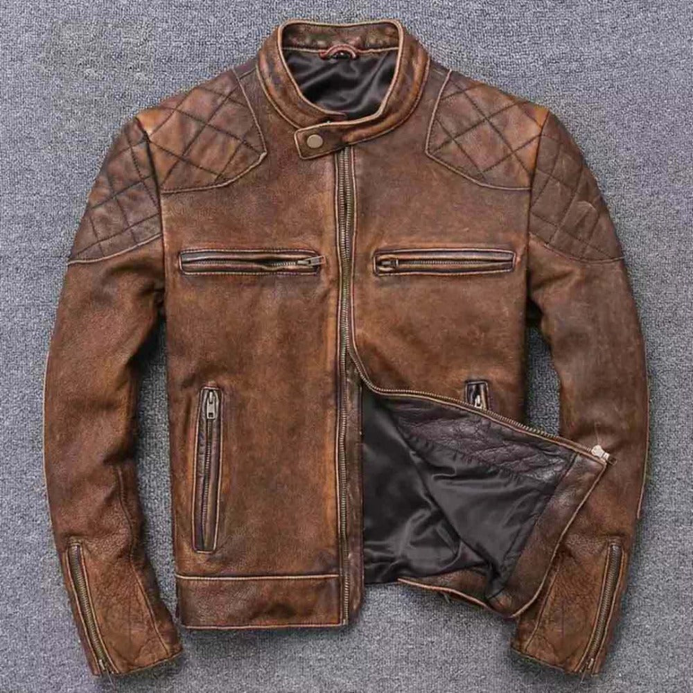 Brown Vintage Distressed Cafe Racer Men’s Biker Motorcycle Real Leather Jacket