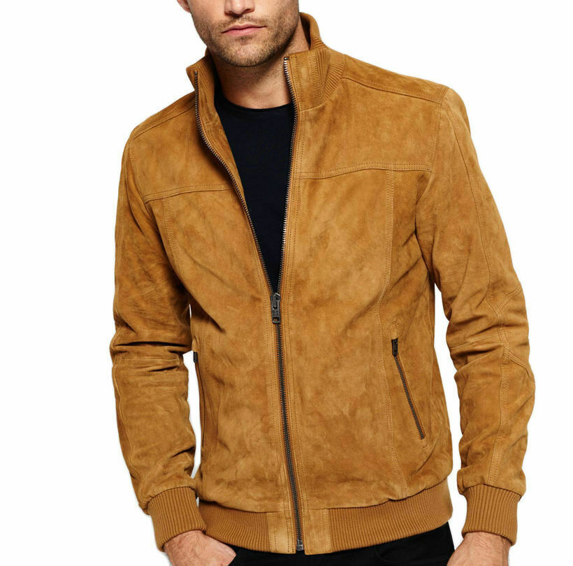 Slim Fit Brown Bomber Trucker Biker Genuine Suede Leather Jacket