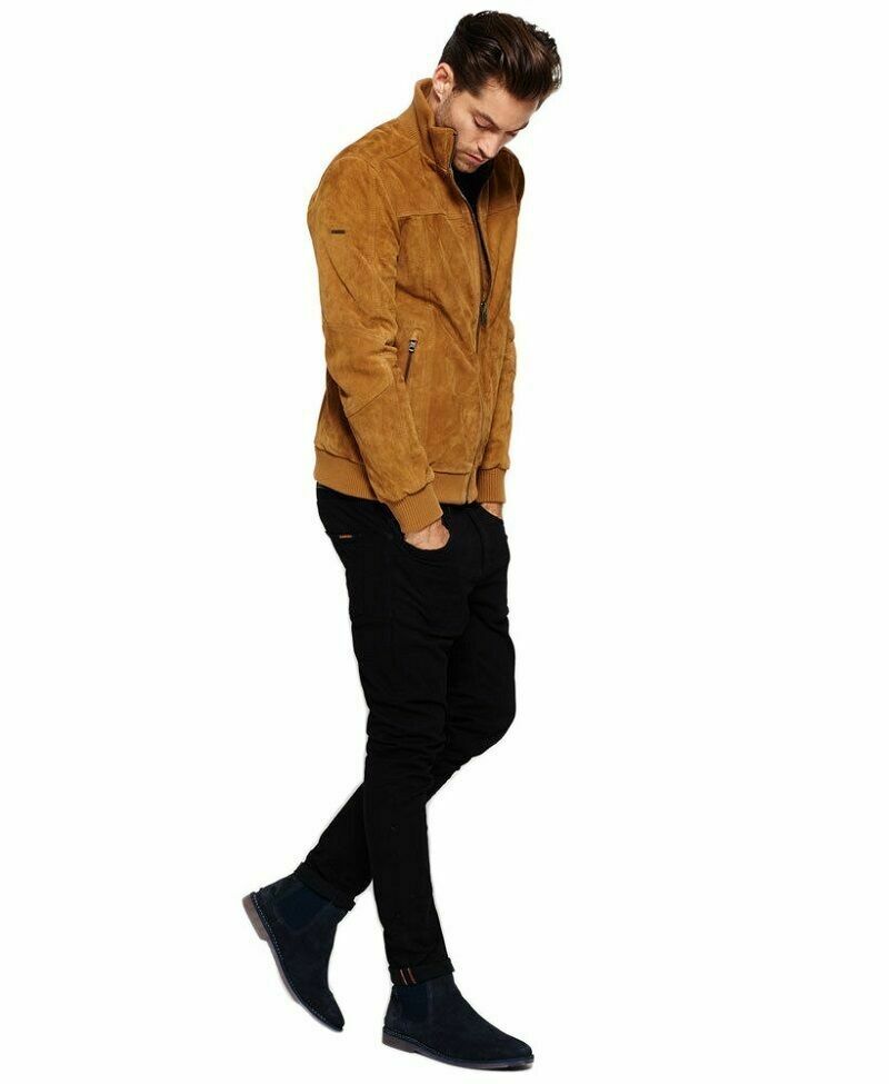 Slim Fit Brown Bomber Trucker Biker Genuine Suede Leather Jacket