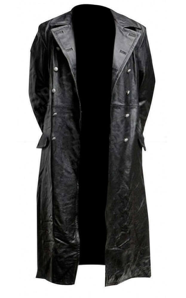 WW2 German Coat Men's Black Long Trench Navel Military Leather Jacket Coat