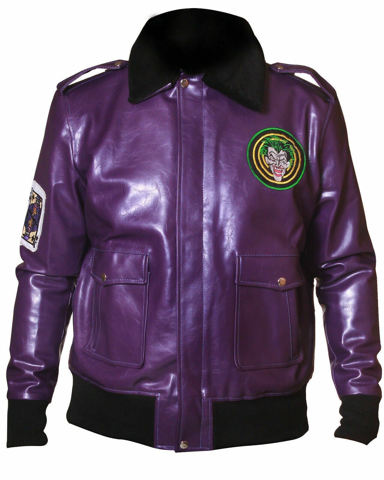 Henchmen Joker Goon Purple Bomber Leather Jacket with Fur Collar