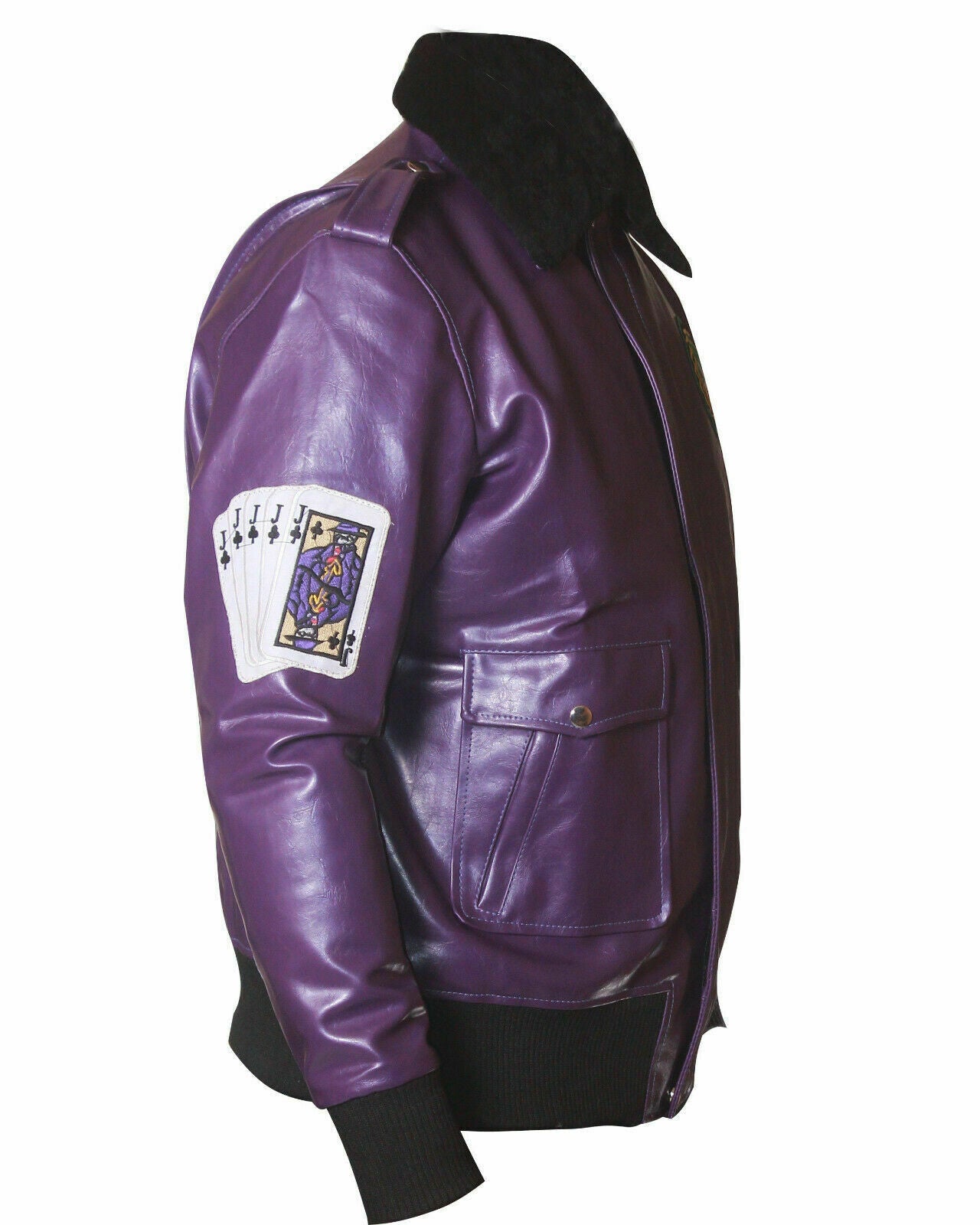 Henchmen Joker Goon Purple Bomber Leather Jacket with Fur Collar