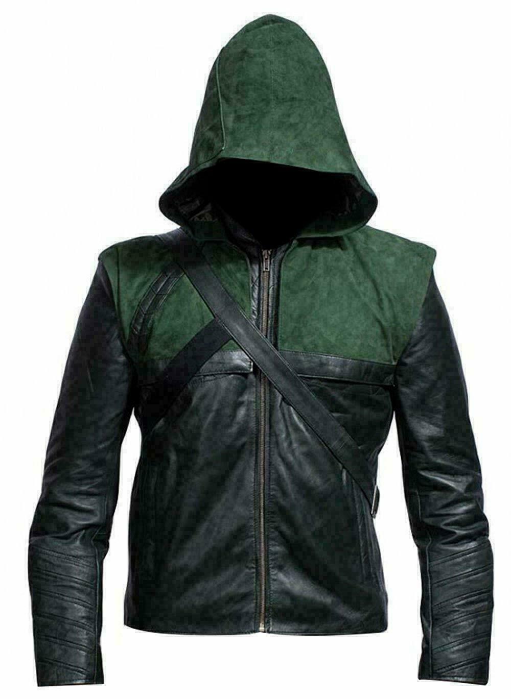 Green Arrow Hooded Genuine Leather Jacket