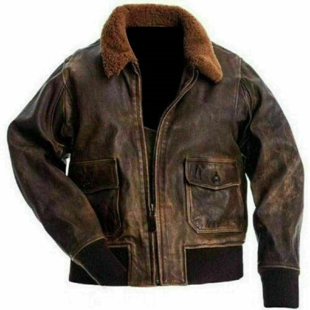 G-1 A-2 BOMBER AVIATOR NAVY FLIGHT DISTRESSED BROWN COW LEATHER JACKET FOR MENS