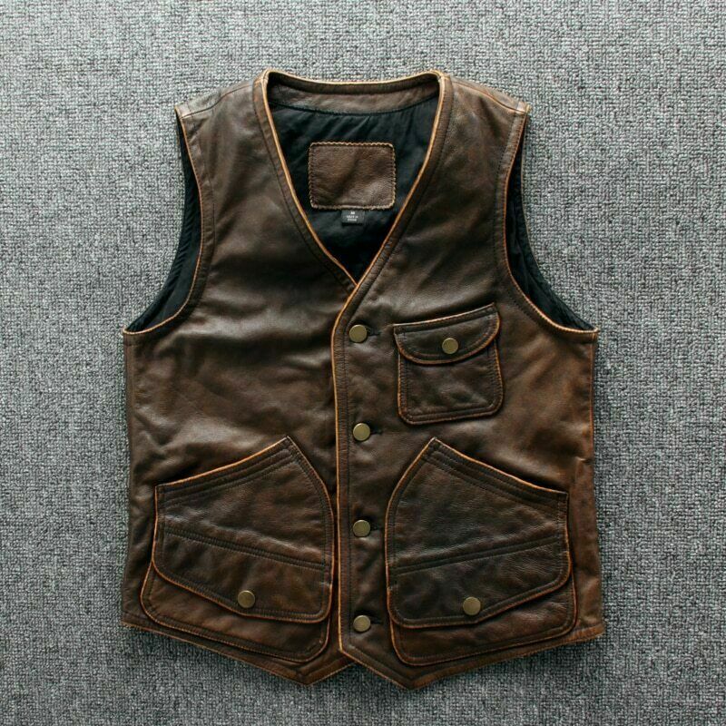 Classic Vintage Tan Brown Biker Vest Mens Bomber motorcycle Leather Jacket Top