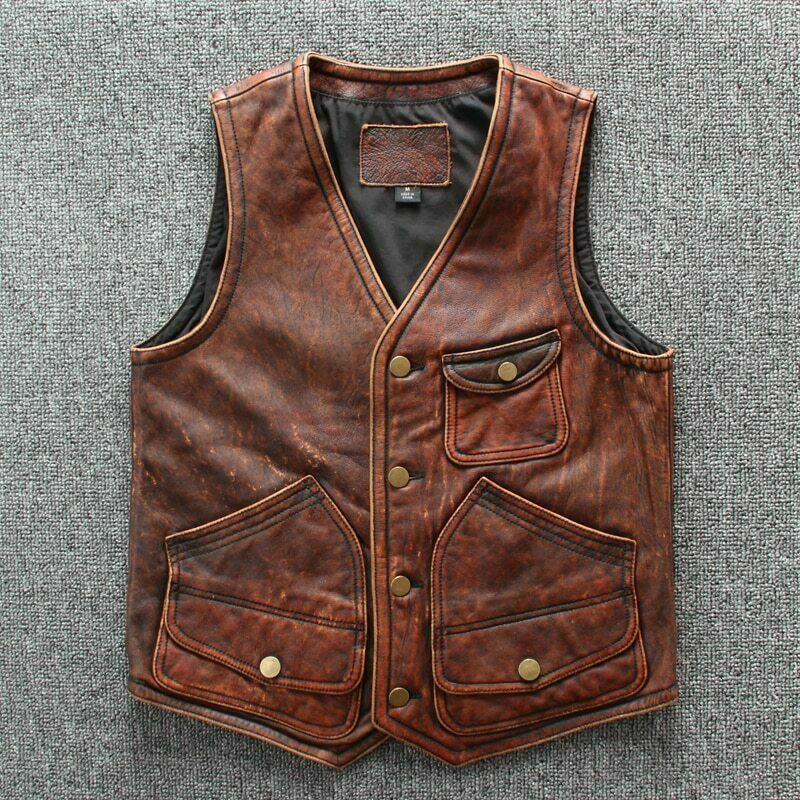 Classic Vintage Tan Brown Biker Vest Mens Bomber motorcycle Leather Jacket Top