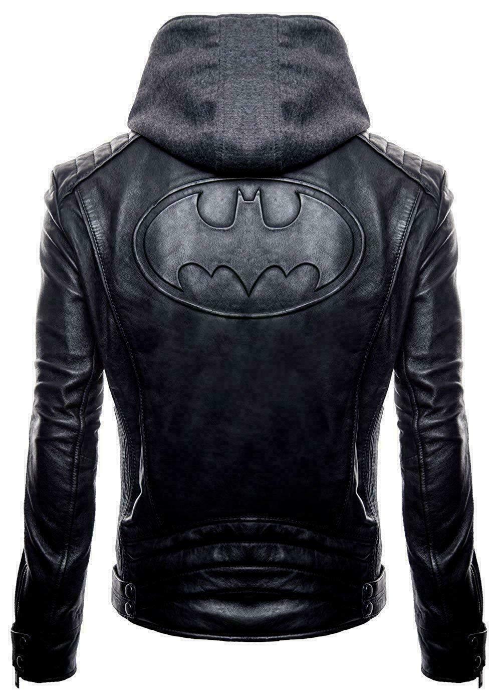 BATMAN ARKHAM SUPER HERO LOGO MOTORCYCLE BIKER REAL LEATHER BLACK MEN'S JACKET