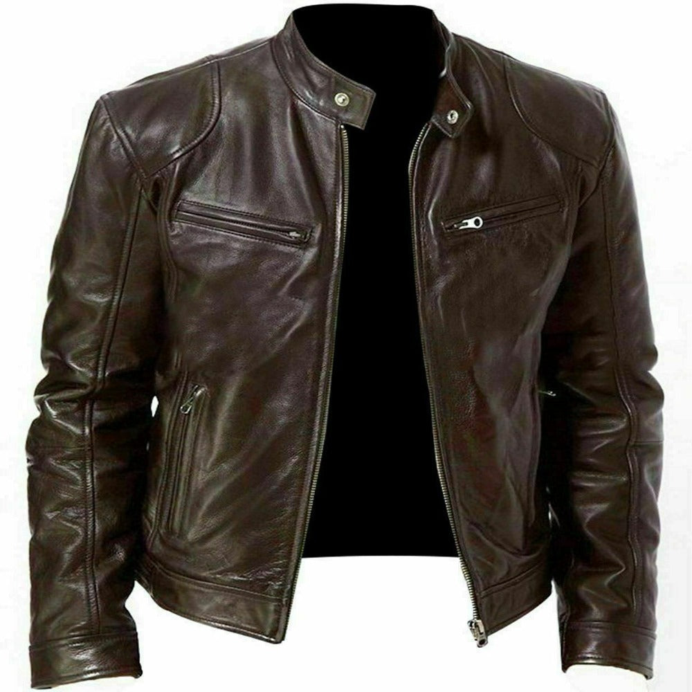 Brown Vintage Biker Motorcycle Mens Bomber Cafe Racer Lambskin Leather Jacket