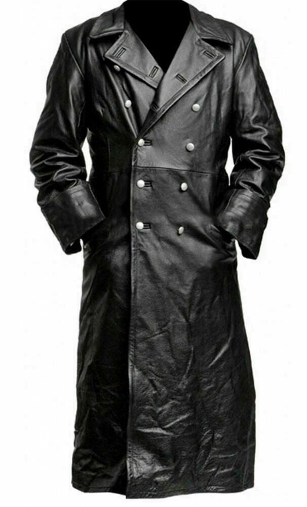 WW2 German Coat Men's Black Long Trench Navel Military Leather Jacket Coat