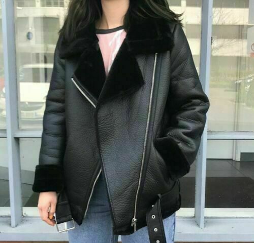 B3 RAF Bomber Black Aviator Flying Fur Shearling Real Leather Jacket Coat