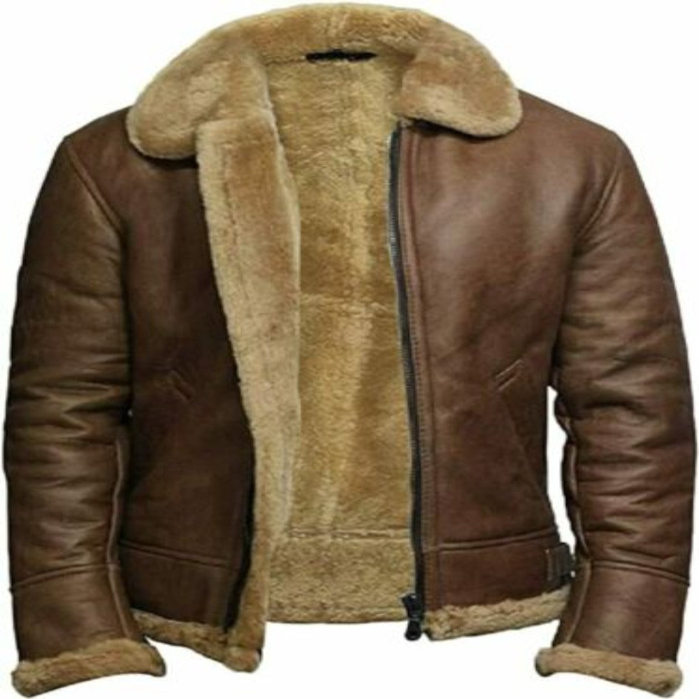 Brown B3 RAF Bomber Aviator Pilot Flying Fur Shearling Sheep Leather Jacket