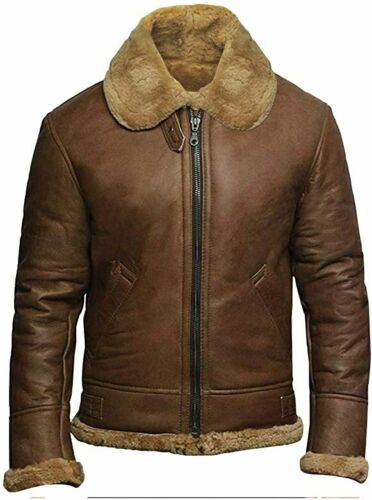 Brown B3 RAF Bomber Aviator Pilot Flying Fur Shearling Sheep Leather Jacket