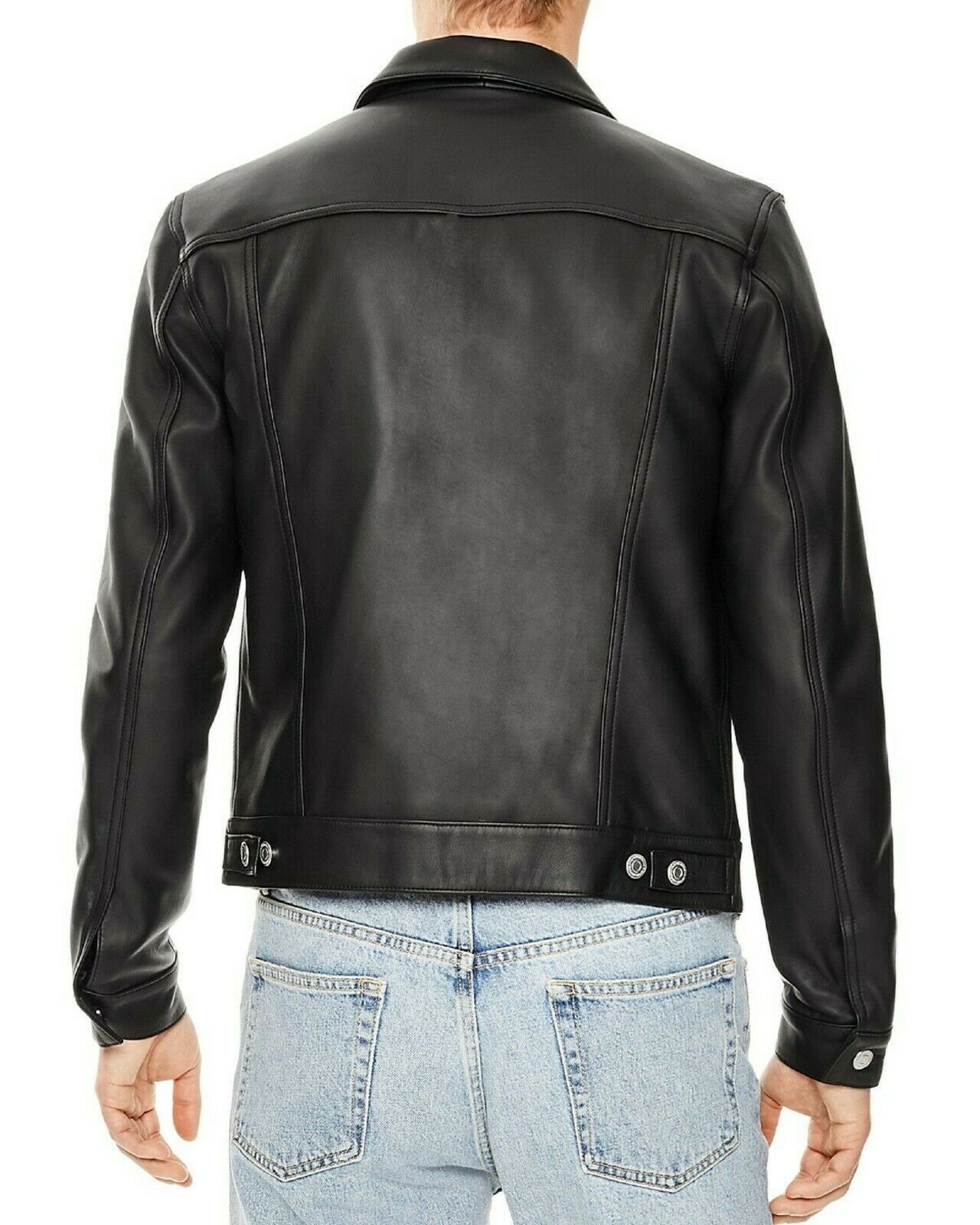 Slim Fit Trucker Cafe Racer Biker Bomber Black Genuine Sheep Leather Jacket