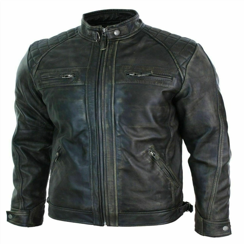 Bomber Quilted Mens Black Motorcycle Vintage Distress Varsity Leather Jacket