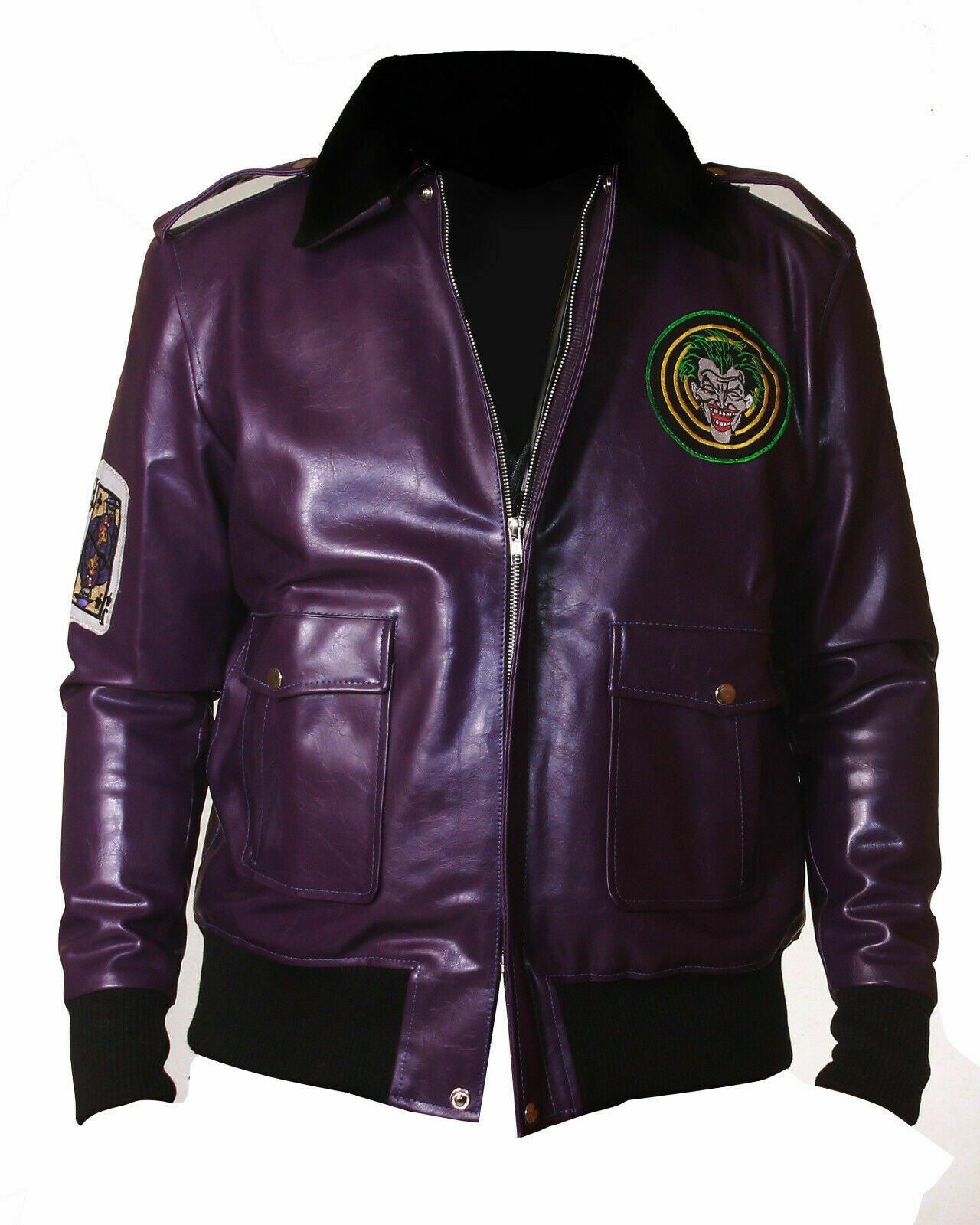 Henchmen Joker Goon Purple Bomber Leather Jacket with Fur Collar