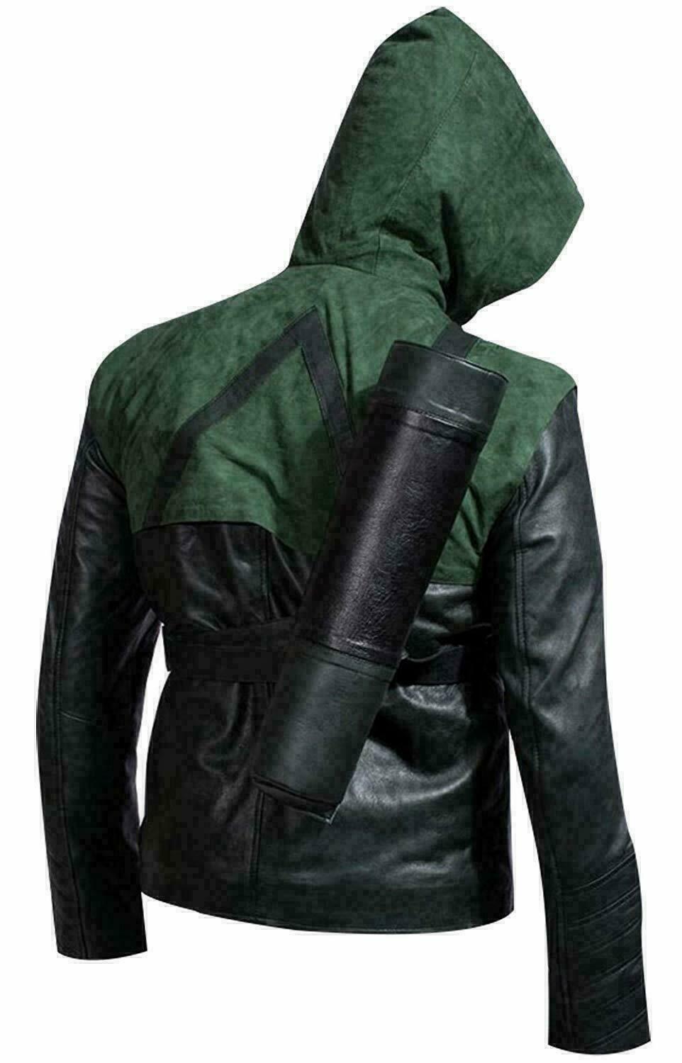 Green Arrow Hooded Genuine Leather Jacket